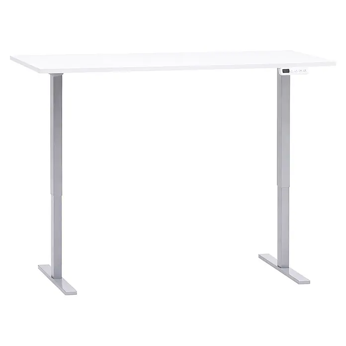 Schildmeyer Metz Schreibtisch elektrisch Höhenverstellbar - L x B: 60 x 138 cm, Höhenverstellung: 72,7 cm - 117,2 cm, Weiß - Weißer höhenverstellbarer Stehschreibtisch mit silberfarbenen Beinen und integriertem Bedienfeld.