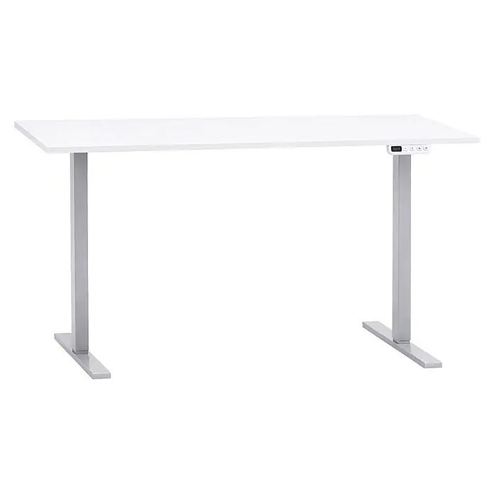 Schildmeyer Metz Schreibtisch elektrisch Höhenverstellbar - L x B: 60 x 138 cm, Höhenverstellung: 72,7 cm - 117,2 cm, Weiß - Weißer elektrischer Stehschreibtisch mit rechteckiger Platte, silbernen höhenverstellbaren Beinen und digitalem Bedienfeld.