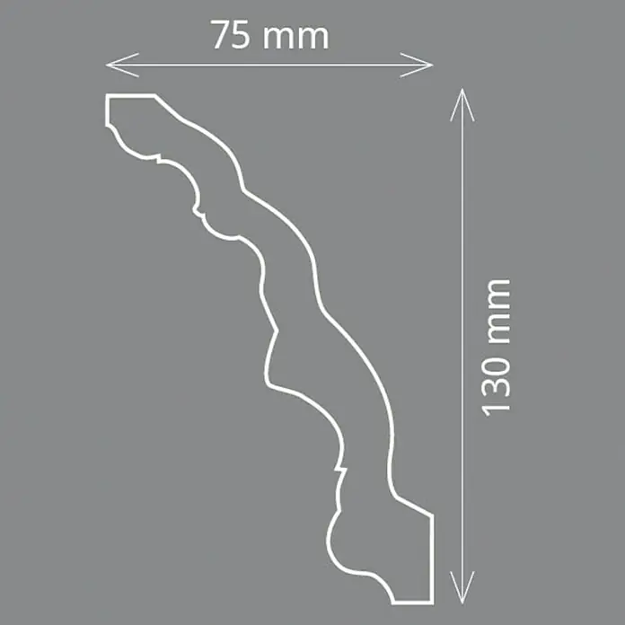 Zierprofil Prestige Andrea - L x B x H: 200 x 7,5 x 13 cm, Expandiertes Polystyrol (EPS) - Detailansicht einer Zierleiste mit den Maßen 75 mm Breite und 130 mm Höhe zur genauen Größenansicht.