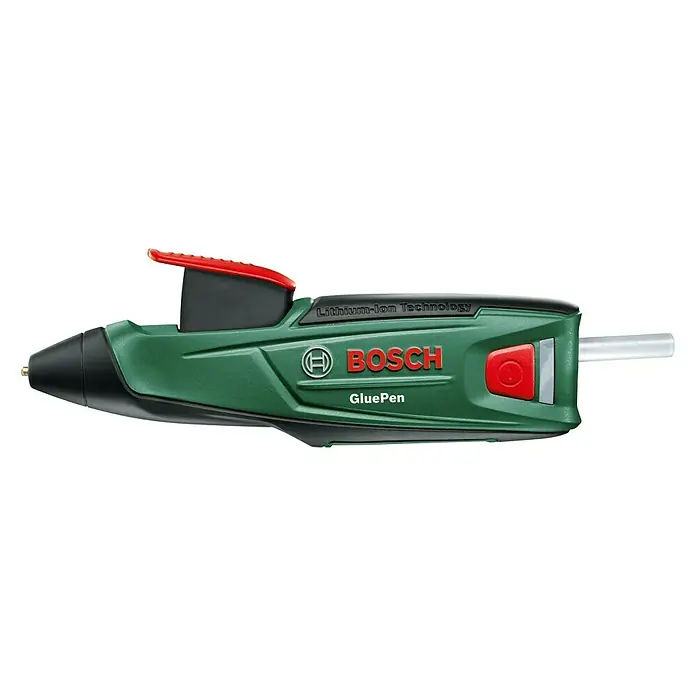 Bosch Akku-Heißklebestift GluePen - 3,6 V, Li-Ionen, 1,5 Ah, Durchmesser Klebepatrone: 7 mm - Bosch GluePen Heißklebestift in Grün und Schwarz mit rotem Akzent, ideal für Bastelarbeiten und schnelle Reparaturen.