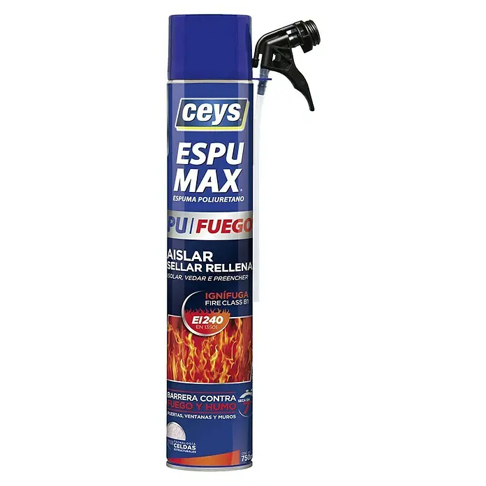 Ceys Pegamento fuerte Stop Fuego - 750 ml - Un aerosol azul de espuma de poliuretano Ceys Espu Max, ignífugo, con un símbolo de llama roja.