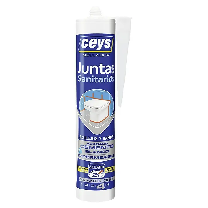 Ceys Sellador de juntas Baños y Azulejos - 290 ml - Tubo de masilla selladora sanitaria CEYS, ideal para sellar juntas en azulejos y baños. Es blanca, impermeable y seca rápido en 2 horas.