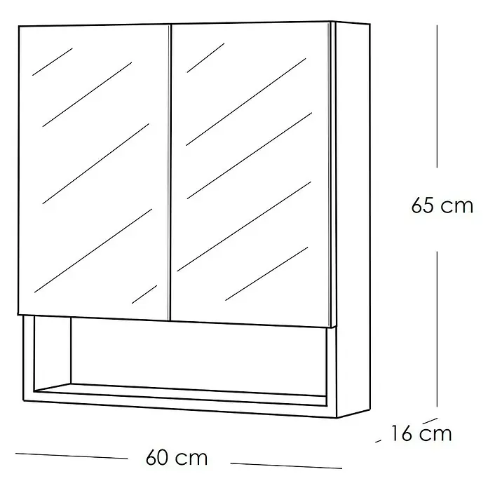 Artysan Armario con espejo Abi 2P - An x Al: 60 x 65 cm, Plástico, Blanco - La imagen muestra un armario de espejo de baño con almacenamiento, incluyendo dimensiones. El mueble es de diseño simple.