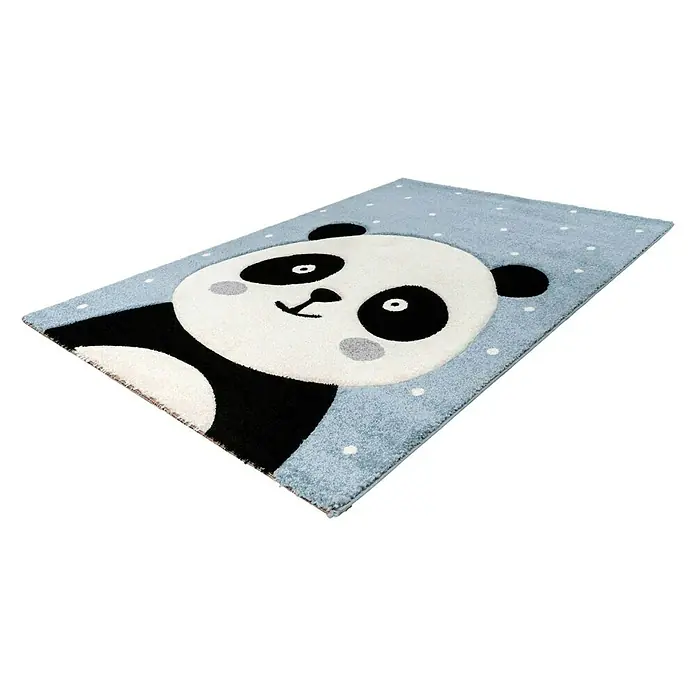 Kayoom Kinderteppich Panda - Blau, 150 x 80 cm, 100 % Polypropylen - Flauschiger Teppich mit Panda-Motiv und blauen Punkten für Kinderzimmer, der eine verspielte Atmosphäre schafft.