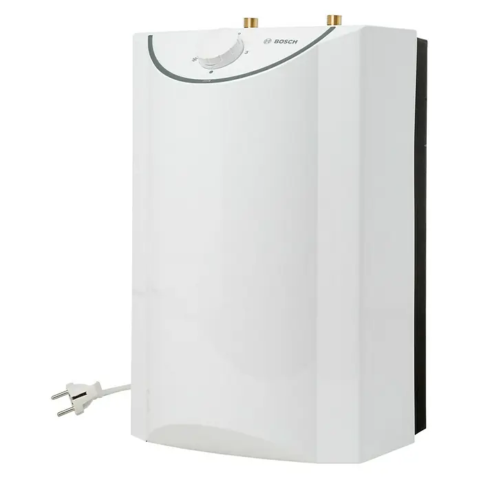 Bosch Warmwasserspeicher Tronic Store Advanced - 5 l, 2.200 W, Temperaturbereich: 35 °C - 85 °C, Untertischmontage - Ein weißer Bosch-Warmwasserbereiter mit Temperaturregler und Stromkabel für eine zuverlässige Warmwasserversorgung.