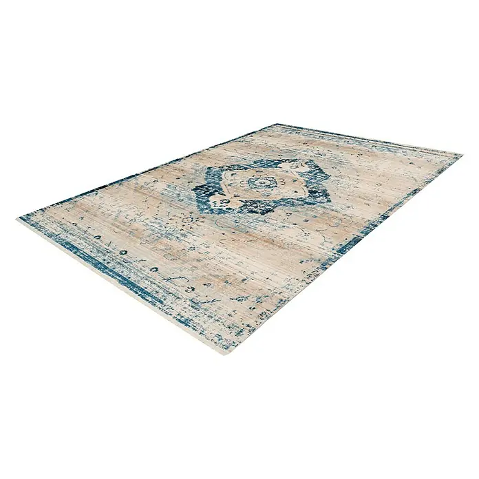 Kayoom Kurzflorteppich Baroque II - Creme/Blau, 150 x 80 cm, 100 % Polyester - Eleganter beiger Teppich mit blauem Muster. Der Teppich hat ein schönes, detailreiches Design und ist ideal für Wohnräume.