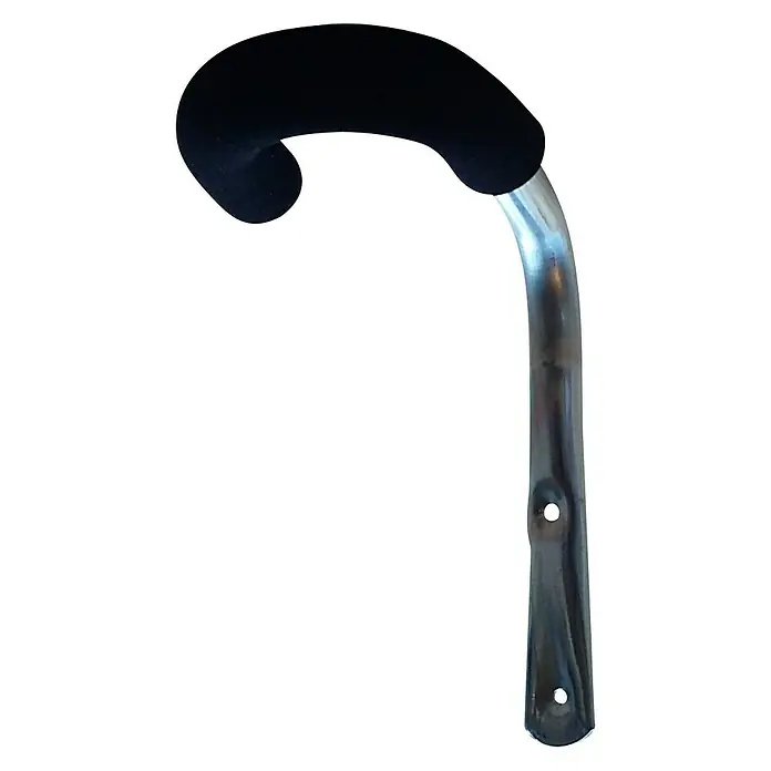 Mottez Fahrrad-Wandhaken Schaum gebogen - Stahl, Schwarz - Eine verchromte Armlehne mit schwarzer Polsterung und zwei Löchern zur Befestigung, ideal für einen Bürostuhl.