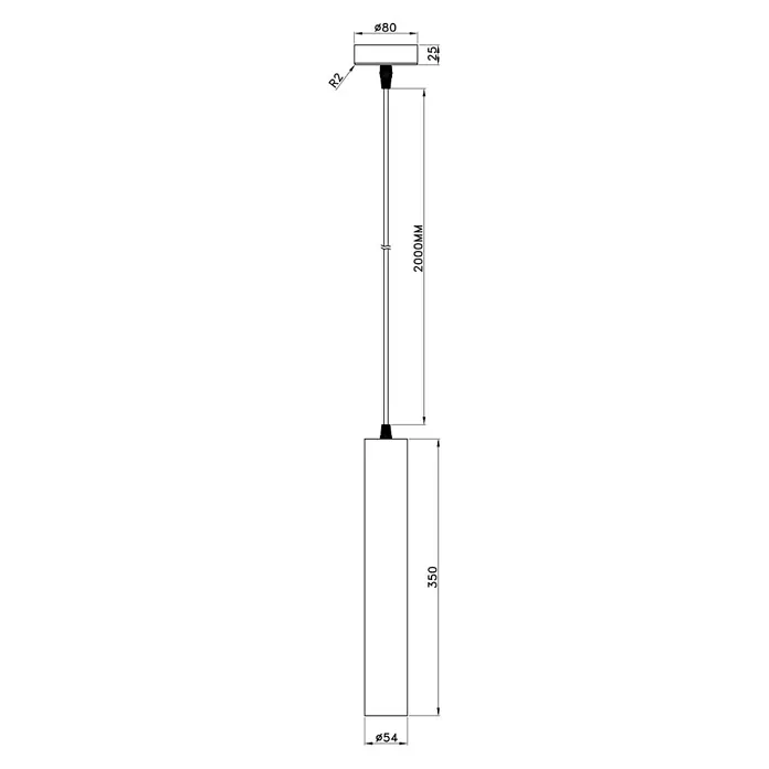 Alemar Lámpara colgante Antia - 50 W, Blanco, GU10 - Dibujo técnico de una lámpara colgante: rosetón de techo redondo de 80mm, suspensión de 2000mm y lámpara cilíndrica de 54x350mm.