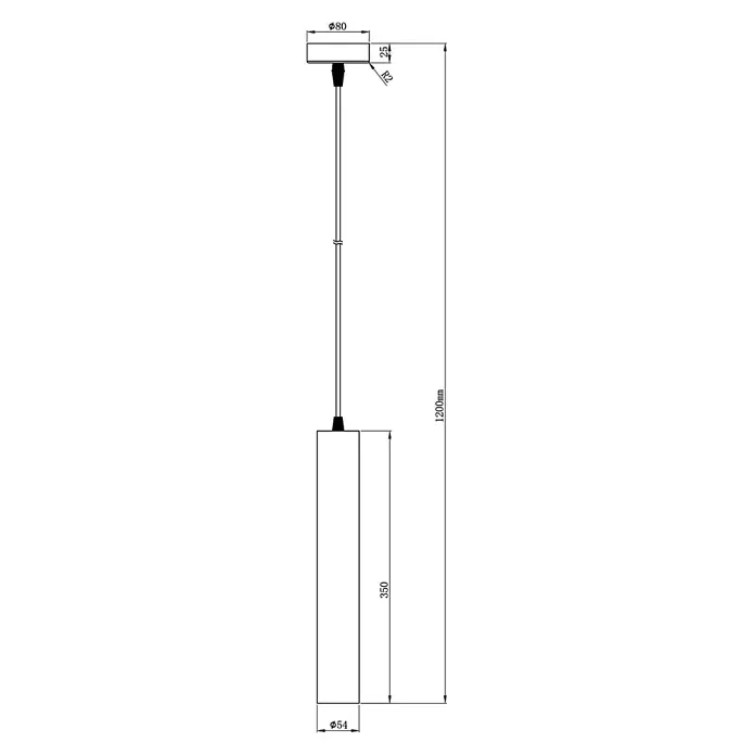 Alemar Lámpara colgante Antia - 50 W, Negro, GU10 - Dibujo técnico de una lámpara colgante cilíndrica minimalista con roseta de techo Ø80mm, colgante Ø54x350mm y largo total 1200mm.