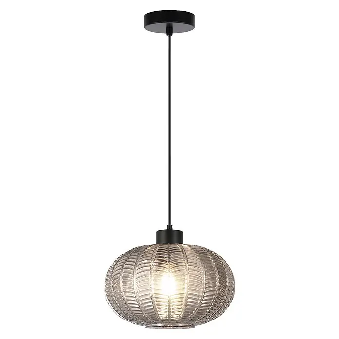 Alemar Lámpara colgante Nawa - 60 W, Negro fumé, E27 - Lámpara colgante negra con pantalla de cristal transparente acanalado y bombilla iluminada.