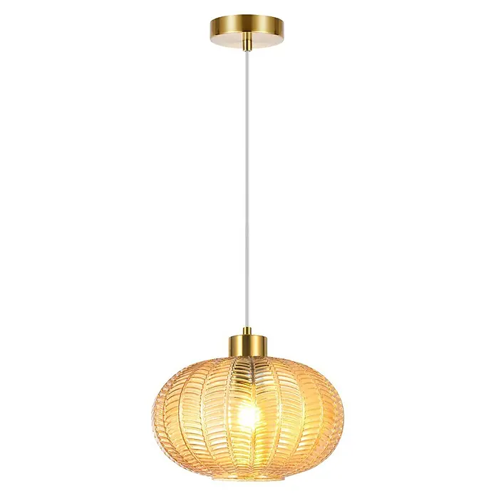 Alemar Lámpara colgante Nawa - 60 W, Ámbar, E27 - Lámpara colgante dorada con pantalla de cristal ámbar acanalado y cable blanco.