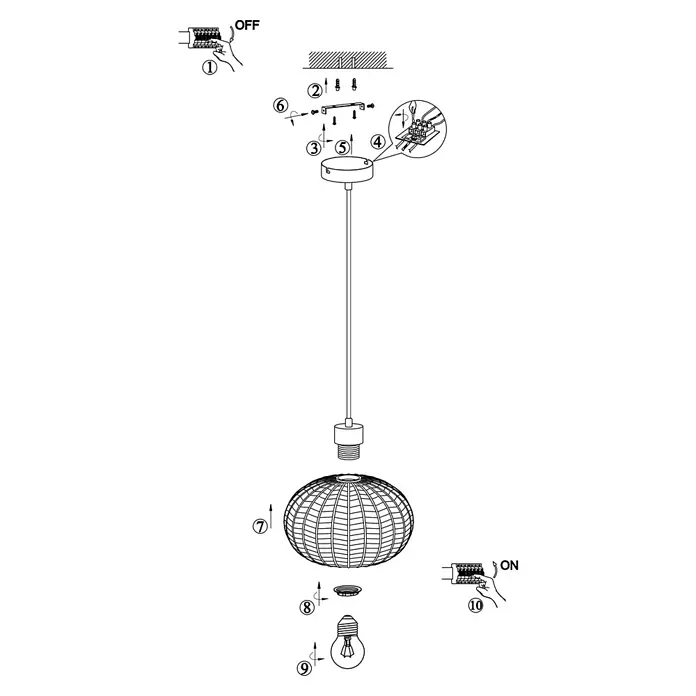 Alemar Lámpara colgante Nawa - 60 W, Blanco ópalo, E27 - Diagrama de montaje para una lámpara colgante con pantalla esférica tejida/de listones. Muestra pasos.