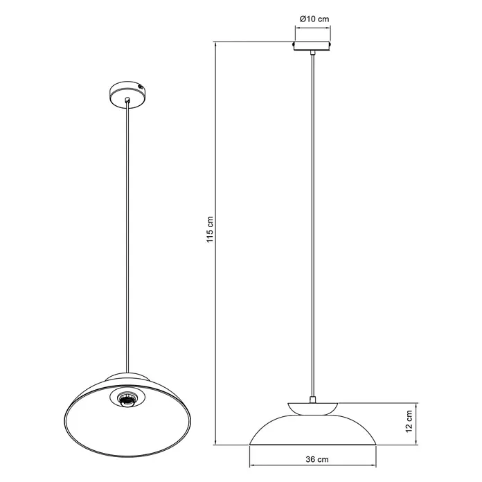 Alemar Lámpara colgante Idea - 60 W, Verde, E27 - Dibujo técnico de una lámpara colgante con soporte Ø10 cm, 115 cm de altura, pantalla Ø36 cm, 12 cm de alto.