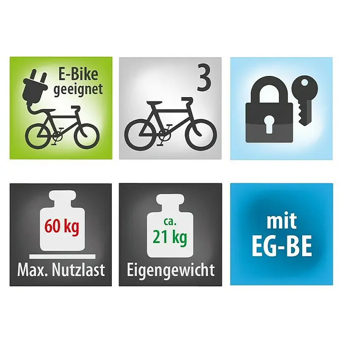 Eufab Fahrradträger Premium III - Geeignet für: 3 Fahrräder, Traglast: 60 kg - E-Bike-Produktbilder mit Informationen zu Eignung, Anzahl der Fahrräder, Schloss, maximaler Nutzlast, Eigengewicht und EG-BE.