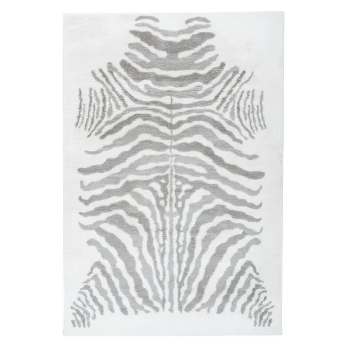 Kayoom Hochflorteppich Zebra - Weiß/Grau, 230 x 160 cm, 100 % Polyester - Ein rechteckiger, weißer Teppich mit einem stilisierten, grauen Zebramuster, das eine moderne und elegante Note verleiht.