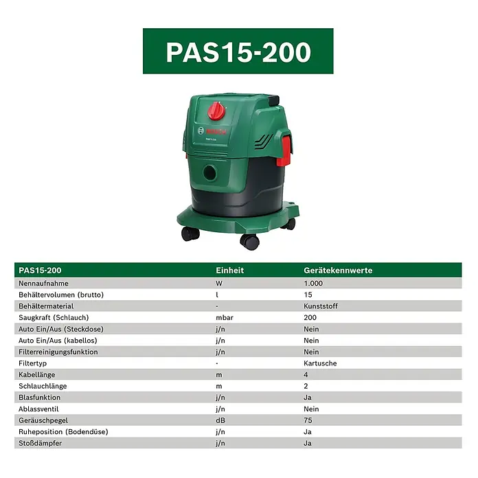 Bosch Elektro-Nass- & Trockensauger PAS 15-200 - 1.200 W, Behältervolumen: 15 l - Grüner und schwarzer Bosch PAS15-200 Nass-/Trockensauger auf Rädern, mit roten Bedienelementen und Spezifikationstabelle.