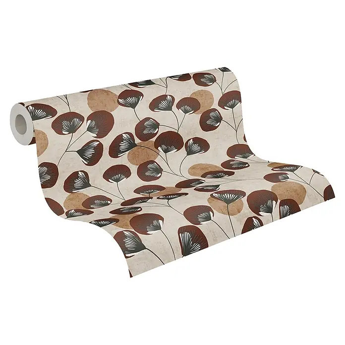 A.S. Création Nordic Feeling Vliestapete Blätter I - Grau-Braun, Floral, 10,05 x 0,53 m - Entrollte Tapete mit abstrakten braunen Blumen- und Kreismustern auf beigem Hintergrund.