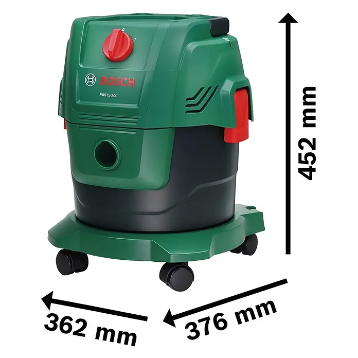 Bosch Elektro-Nass- & Trockensauger PAS 15-200 - 1.200 W, Behältervolumen: 15 l - Grüner und schwarzer Bosch PAS 15-200 Nass-/Trockensauger auf Rollen, 452x376x362 mm.
