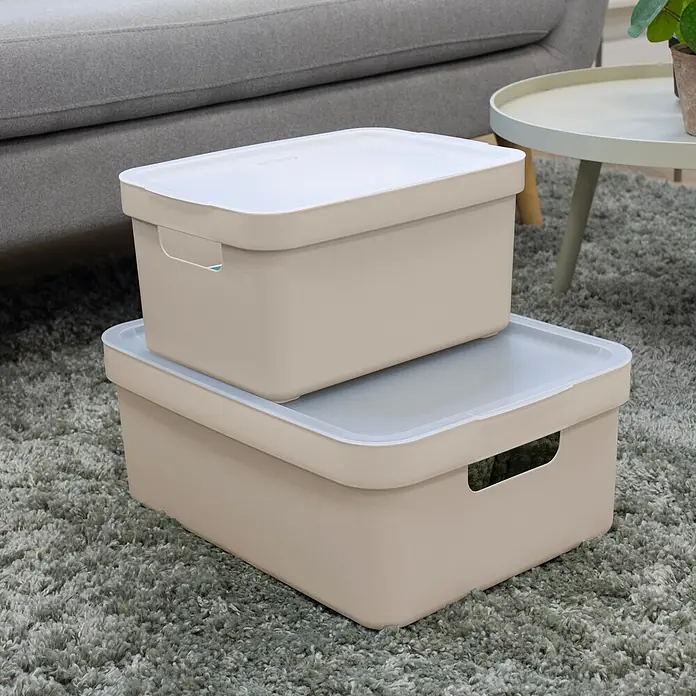 Sunware Sigma home Deckel - L x B x H: 36,1 x 25,4 x 0,8 cm, Passend für: Sigma home Aufbewahrungsbox 9l, 13l, 18l & 25l, Kunststoff, Transparent - Zwei gestapelte beigefarbene Aufbewahrungsboxen mit hellen Deckeln auf einem grauen Teppich, im Wohnzimmer.