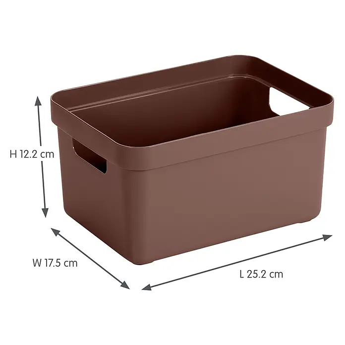 Sunware Sigma home Aufbewahrungsbox - L x B x H: 25,2 x 17,5 x 12,2 cm, Kunststoff, Schoko - Braune Kunststoff-Aufbewahrungsbox mit Griffen und Maßen H 12,2 cm, B 17,5 cm, L 25,2 cm.