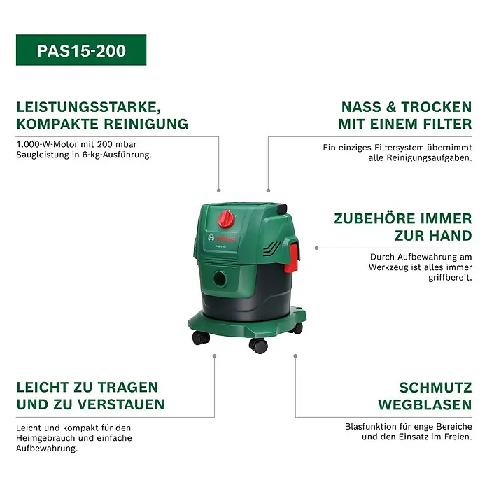 Bosch Elektro-Nass- & Trockensauger PAS 15-200 - 1.200 W, Behältervolumen: 15 l - Grün-roter Bosch PAS 15-200 Nass-/Trockensauger auf Rollen, kompaktes Design.