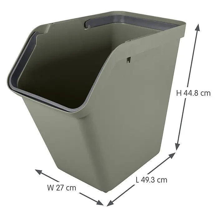 Sunware Sigma home Mülltrennsystem - 40 l, L x B x H: 49,3 x 27 x 44,8 cm, Dunkelgrün, Kunststoff - Olivgrüne, stapelbare Aufbewahrungskiste mit offener Vorderseite, Maße angegeben.