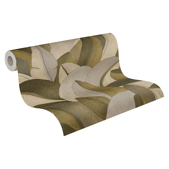 A.S. Création Metropolitan Stories Vibes & Styles Vliestapete Palme - Beige-Grün, Floral, 10,05 x 0,53 m - Strukturierte Tapetenrolle mit abstrakten gold-, beige- und braunen Blattmustern.