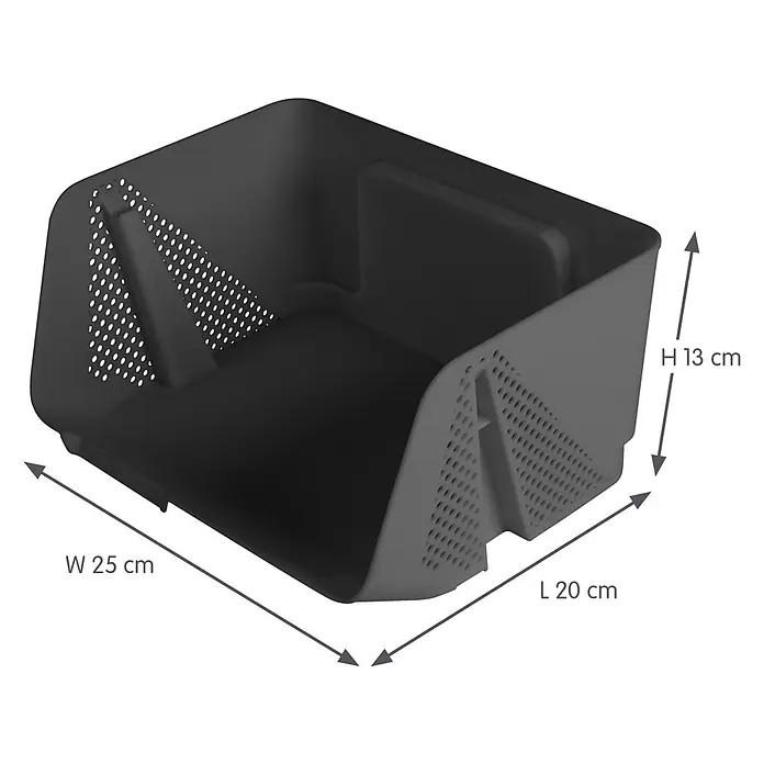 Sunware Sigma home Schreibtisch-Organizer Stackable - L x B x H: 20 x 25 x 13 cm, Anthrazit, Kunststoff - Dunkelgrauer Kunststoff-Aufbewahrungskorb mit perforierten Seiten und inneren Stützen, Maße L 20 cm, B 25 cm, H 13 cm.