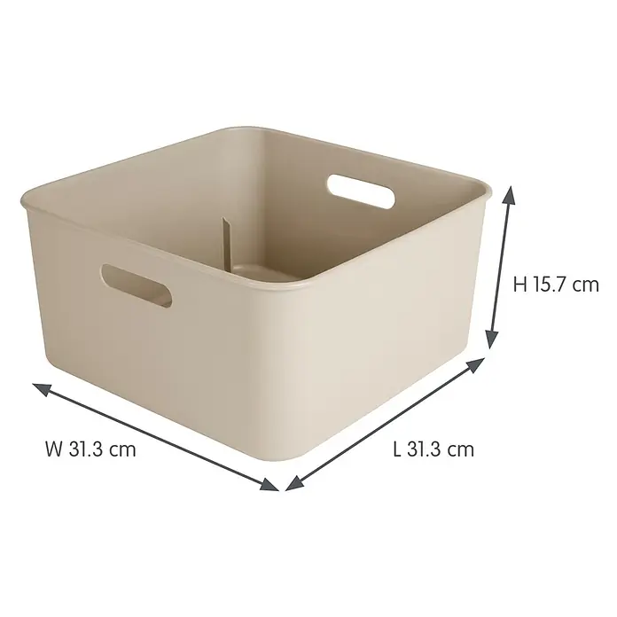 Sunware Sigma home Aufbewahrungsbox cube box - L x B x H: 31,3 x 31,3 x 15,7 cm, Kunststoff, Beige, 12,5 l - Hellbeige Kunststoff-Aufbewahrungsbox mit Griffen, Teiler. Maße L 31.3cm, B 31.3cm, H 15.7cm.