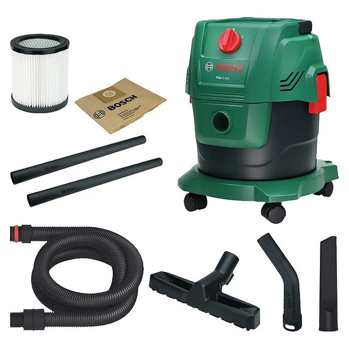 Bosch Elektro-Nass- & Trockensauger PAS 15-200 - 1.200 W, Behältervolumen: 15 l - Grüner und schwarzer Bosch Nass-/Trockensauger mit roten Akzenten, Filter, Staubbeutel, Schlauch, zwei Verlängerungsrohren und drei Düsen.