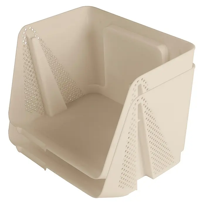 Sunware Sigma home Schreibtisch-Organizer Stackable - L x B x H: 20 x 25 x 17,5 cm, Beige, Kunststoff - Stapelbare helle Kunststoff-Aufbewahrungsbox mit perforierten Seiten und schräger Öffnung.