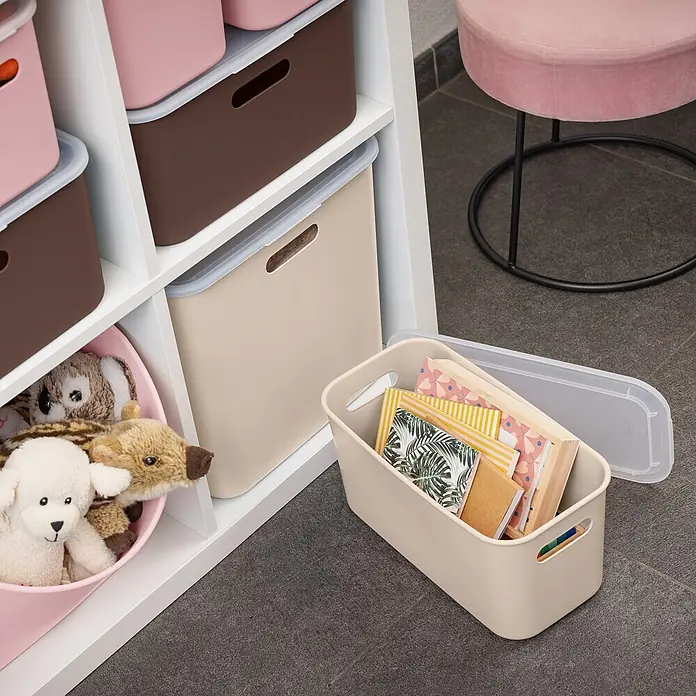 Sunware Sigma home Aufbewahrungsbox cube box - L x B x H: 31 x 31 x 31 cm, Kunststoff, Beige, 25 l - Aufbewahrungsboxen aus Kunststoff in Rosa, Braun und Beige mit Deckeln zur Organisation von Spielzeug und Büchern.