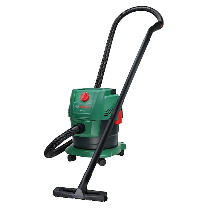 Bosch Elektro-Nass- & Trockensauger PAS 15-200 - 1.200 W, Behältervolumen: 15 l - Grüner und schwarzer Bosch Nass-Trocken-Sauger mit Schlauch, langem Rohr, Bodendüse, rotem Schalter und Rädern.