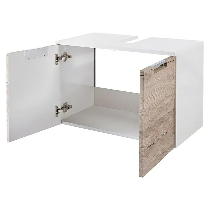 Schildmeyer Sunny Waschtischunterschrank - B x T x H: 65 x 35 x 46,5 cm, Eiche Natur - Waschbeckenunterschrank in Weiß und Holzoptik mit zwei Türen für ein modernes Badezimmerdesign.