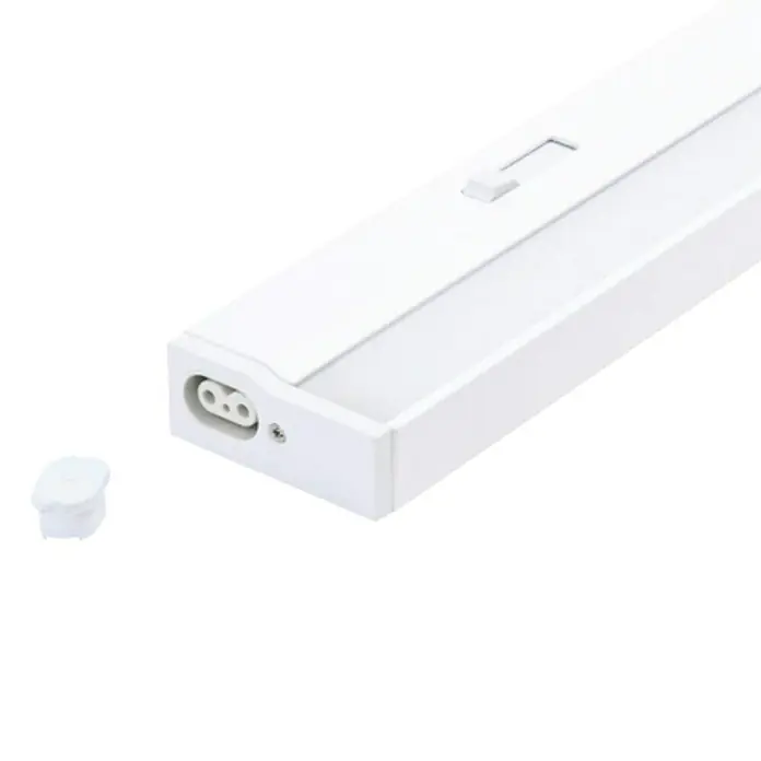 Müller-Licht LED-Unterbauleuchte Conero - L x B x H: 90,9 x 5,3 x 2,9 cm, Lichtfarbe: Neutralweiß, 15 W, Weiß - Nahaufnahme einer weißen Unterbauleuchte mit Schalter und Steckeranschluss, ideal für Küchen oder Arbeitsbereiche, die helles Licht benötigen.