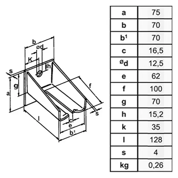 HBS Betz Winkelbefestigungsträger Typ 30 und 40 - Stahl - Eine schematische Darstellung eines Metallprodukts mit den zugehörigen Maßangaben in einer Tabelle.