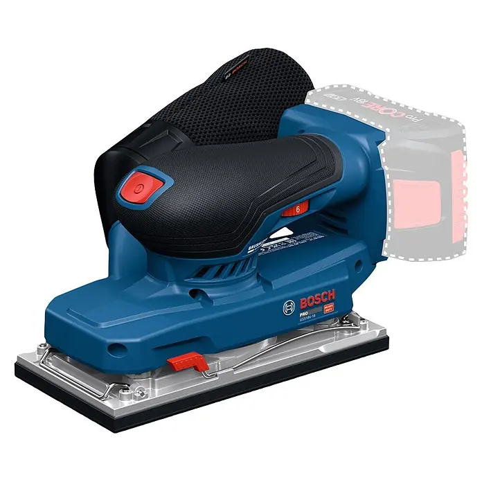 Bosch Professional AMPShare 18V Akku-Schwingschleifer - Anzahl Akkus: Ohne Akku, 10.000 U/min - 20.000 U/min, 18 V, Koffer - Blauer Bosch Akku-Schwingschleifer mit schwarzem Staubfangbeutel und rotem Einschaltknopf.