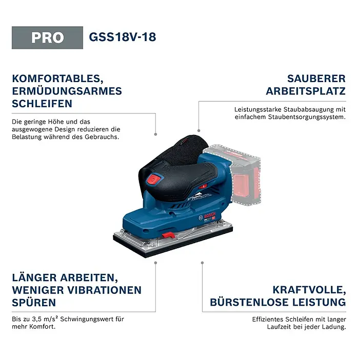 Bosch Professional AMPShare 18V Akku-Schwingschleifer - Anzahl Akkus: Ohne Akku, 10.000 U/min - 20.000 U/min, 18 V, Koffer - Blauer und schwarzer Bosch GSS18V-18 Akku-Schwingschleifer mit rotem Akku.