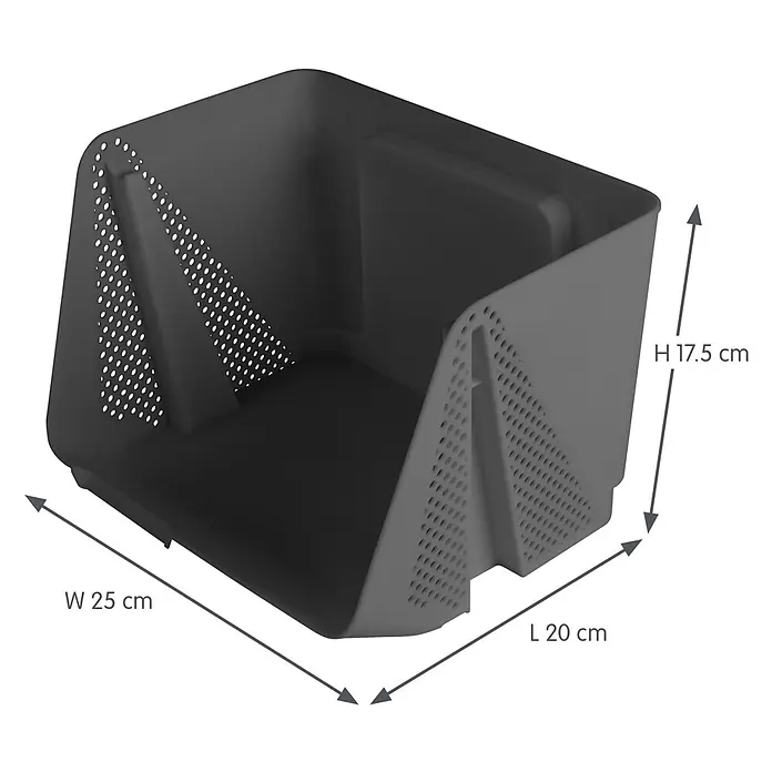 Sunware Sigma home Schreibtisch-Organizer Stackable - L x B x H: 20 x 25 x 17,5 cm, Anthrazit, Kunststoff - Dunkelgrauer Kunststoff-Aufbewahrungskorb mit perforierten Seiten, L 20 cm, B 25 cm, H 17.5 cm.