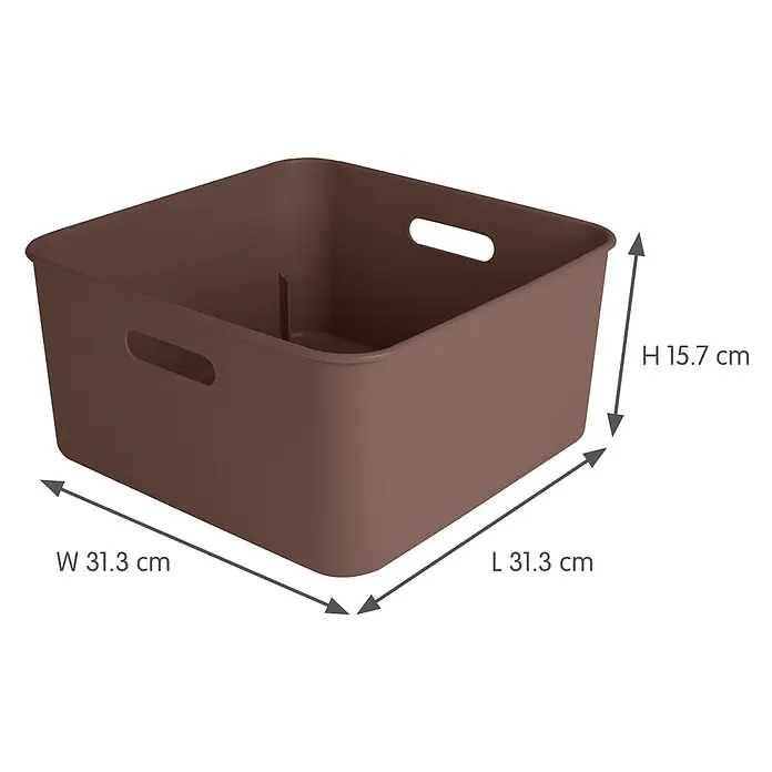 Sunware Sigma home Aufbewahrungsbox cube box - L x B x H: 31,3 x 31,3 x 15,7 cm, Kunststoff, Schoko, 12,5 l - Quadratische braune Kunststoff-Aufbewahrungsbox mit Griffen, L31,3xW31,3xH15,7 cm.