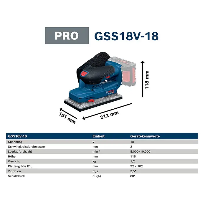 Bosch Professional AMPShare 18V Akku-Schwingschleifer - Anzahl Akkus: Ohne Akku, 10.000 U/min - 20.000 U/min, 18 V, Koffer - Blauer und schwarzer Bosch GSS18V-18 Akku-Schwingschleifer mit Akku.