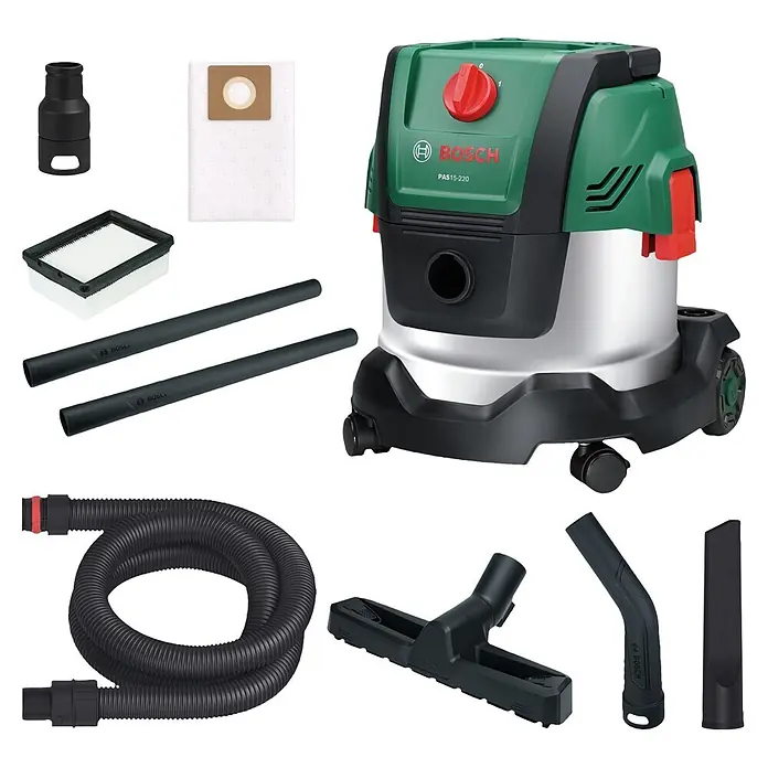 Bosch Elektro-Nass- & Trockensauger PAS 15-220 - 1.350 W, Behältervolumen: 15 l - Bosch Nass-Trockensauger (grün, schwarz, silber) mit Schlauch, Rohren, Düsen und Filtern für vielseitige Reinigung.