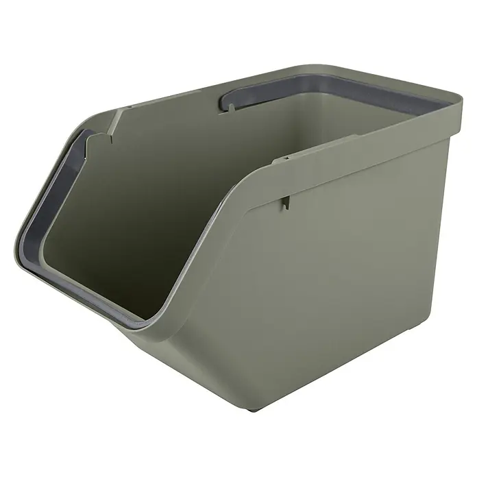 Sunware Sigma home Mülltrennsystem - 30 l, L x B x H: 49,3 x 27 x 29,8 cm, Dunkelgrün, Kunststoff - Grün-grauer stapelbarer Aufbewahrungsbehälter mit offener Vorderseite und dunkelgrauen Akzenten.