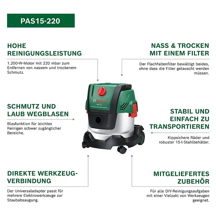 Bosch Elektro-Nass- & Trockensauger PAS 15-220 - 1.350 W, Behältervolumen: 15 l - Grün-schwarzer Bosch PAS 15-220 Nass-Trockensauger mit Metallbehälter, Rädern und rotem Schalter.
