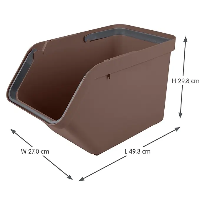 Sunware Sigma home Mülltrennsystem - 30 l, L x B x H: 49,3 x 27 x 29,8 cm, Schoko, Kunststoff - Braune Stapelbox aus Kunststoff mit grauem Rand, zeigt Maße für Höhe, Breite und Länge.