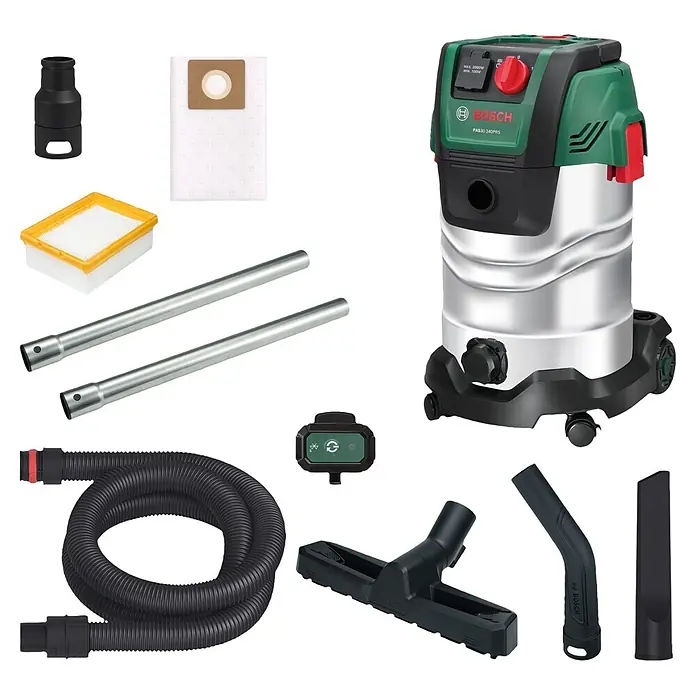 Bosch Elektro-Nass- & Trockensauger PAS30-240PRS - 1.400 W, Behältervolumen: 30 l - Bosch Nass-Trockensauger (silber/grün) mit Schlauch, Verlängerungsrohren, Düsen, Filtern und Staubbeutel, als Komplettset dargestellt.