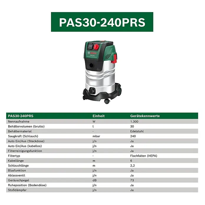 Bosch Elektro-Nass- & Trockensauger PAS30-240PRS - 1.400 W, Behältervolumen: 30 l - Bosch Nass-Trockensauger PAS30-240PRS mit grünen Akzenten und Edelstahlbehälter.