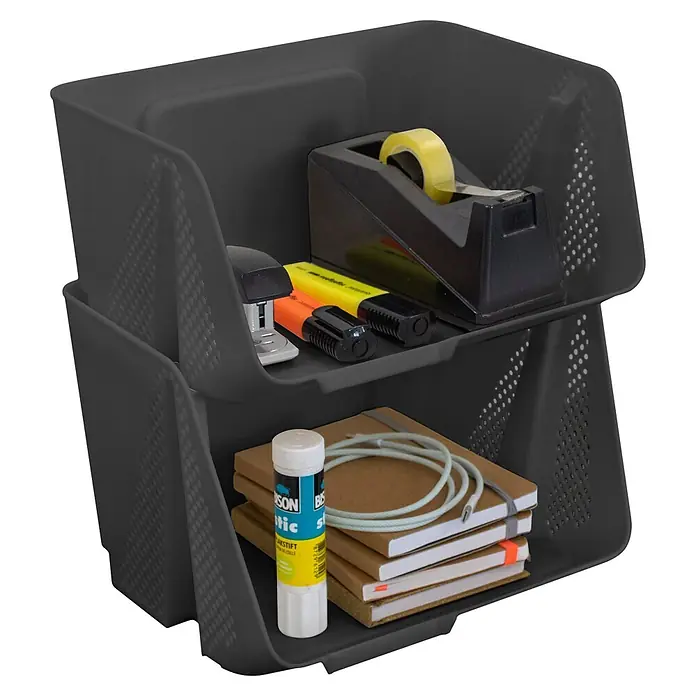 Sunware Sigma home Schreibtisch-Organizer Stackable - L x B x H: 20 x 25 x 17,5 cm, Anthrazit, Kunststoff - Dunkelgrauer stapelbarer Schreibtisch-Organizer mit Büromaterial: Hefter, Textmarker, Abroller, Klebestift, Notizbücher und Kabel.
