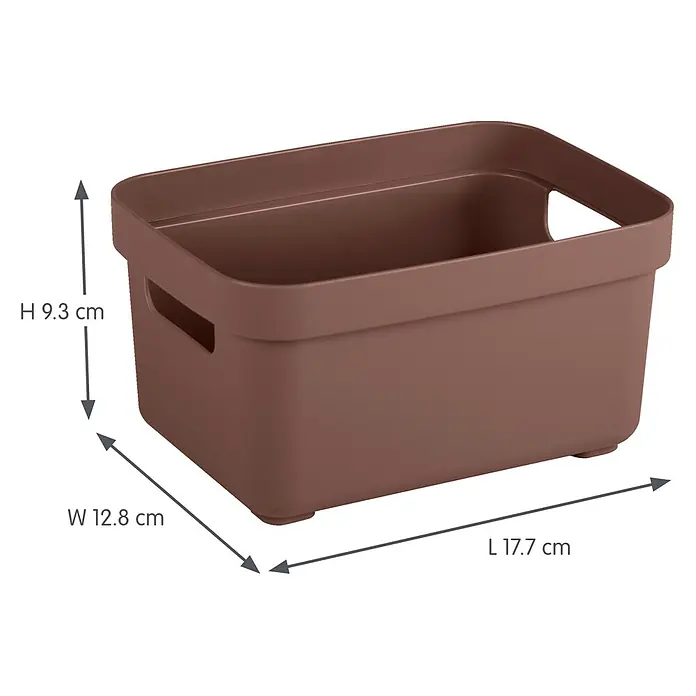 Sunware Sigma home Aufbewahrungsbox - L x B x H: 17,7 x 12,8 x 9,3 cm, Kunststoff, Schoko - Braune Kunststoff-Aufbewahrungsbox mit Griffausschnitten, H 9,3 cm, B 12,8 cm, L 17,7 cm.