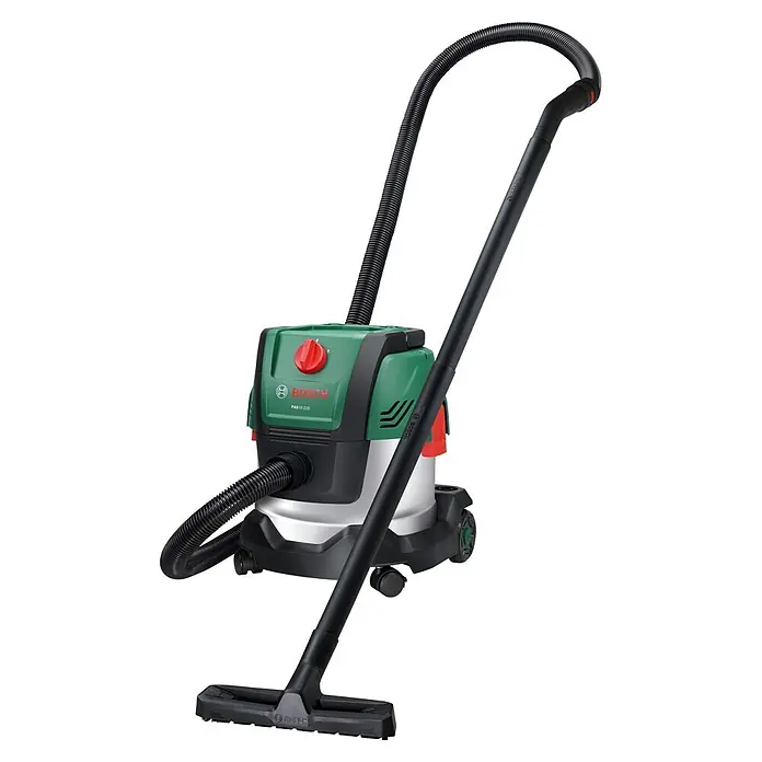 Bosch Elektro-Nass- & Trockensauger PAS 15-220 - 1.350 W, Behältervolumen: 15 l - Grüner, schwarzer und silberner Bosch Nass-/Trockensauger mit flexiblem Schlauch, starrem Rohr und Bodendüse auf Rädern.